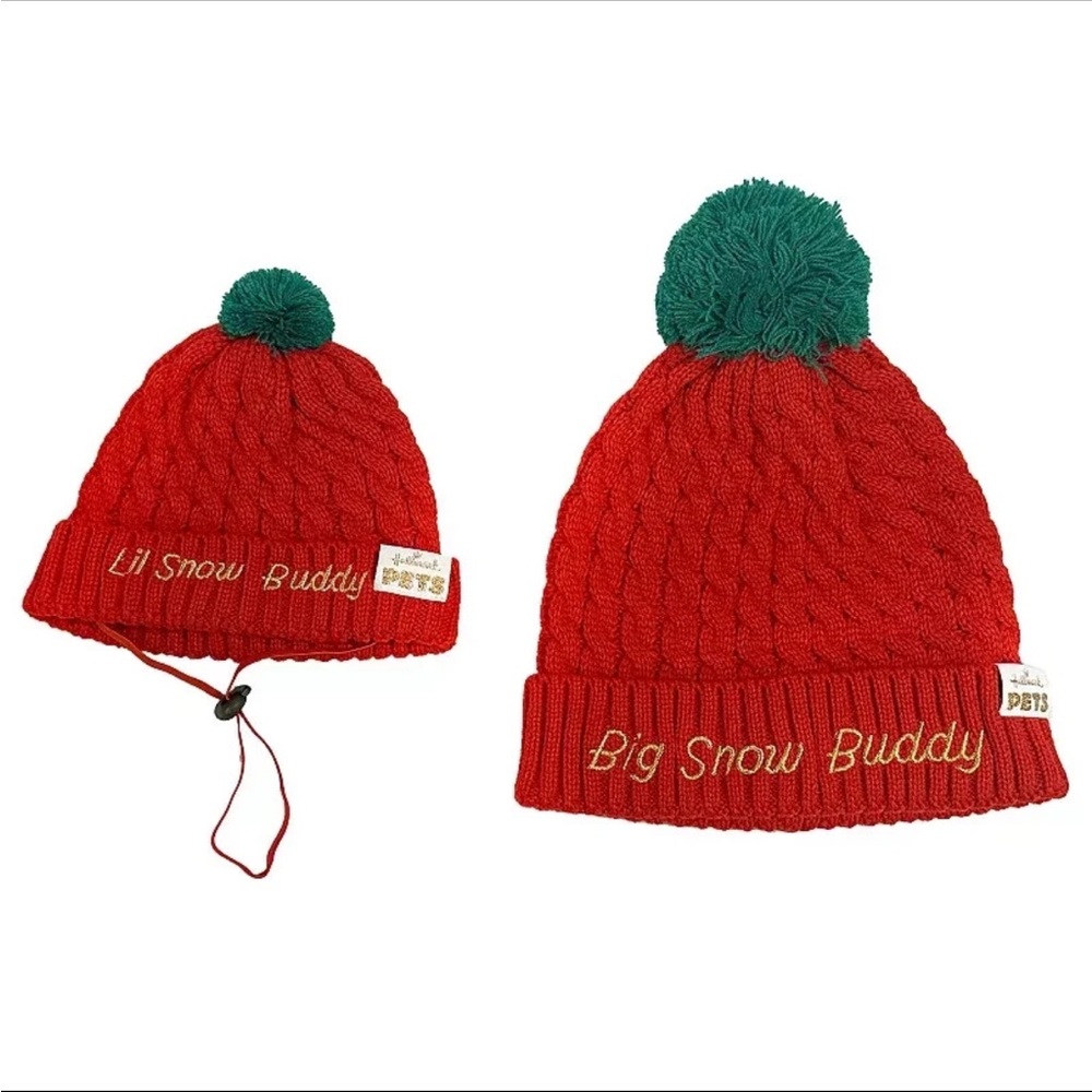 Hallmark Pets Knit Human Pet Red Matching Beanie Hat Set 2 Pieces Pom Pom - Picture 7 of 7